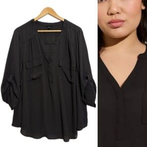 Torrid Harper Black Split Neck Tunic Blouse Size 3X Chiffon Covertible Sleeve